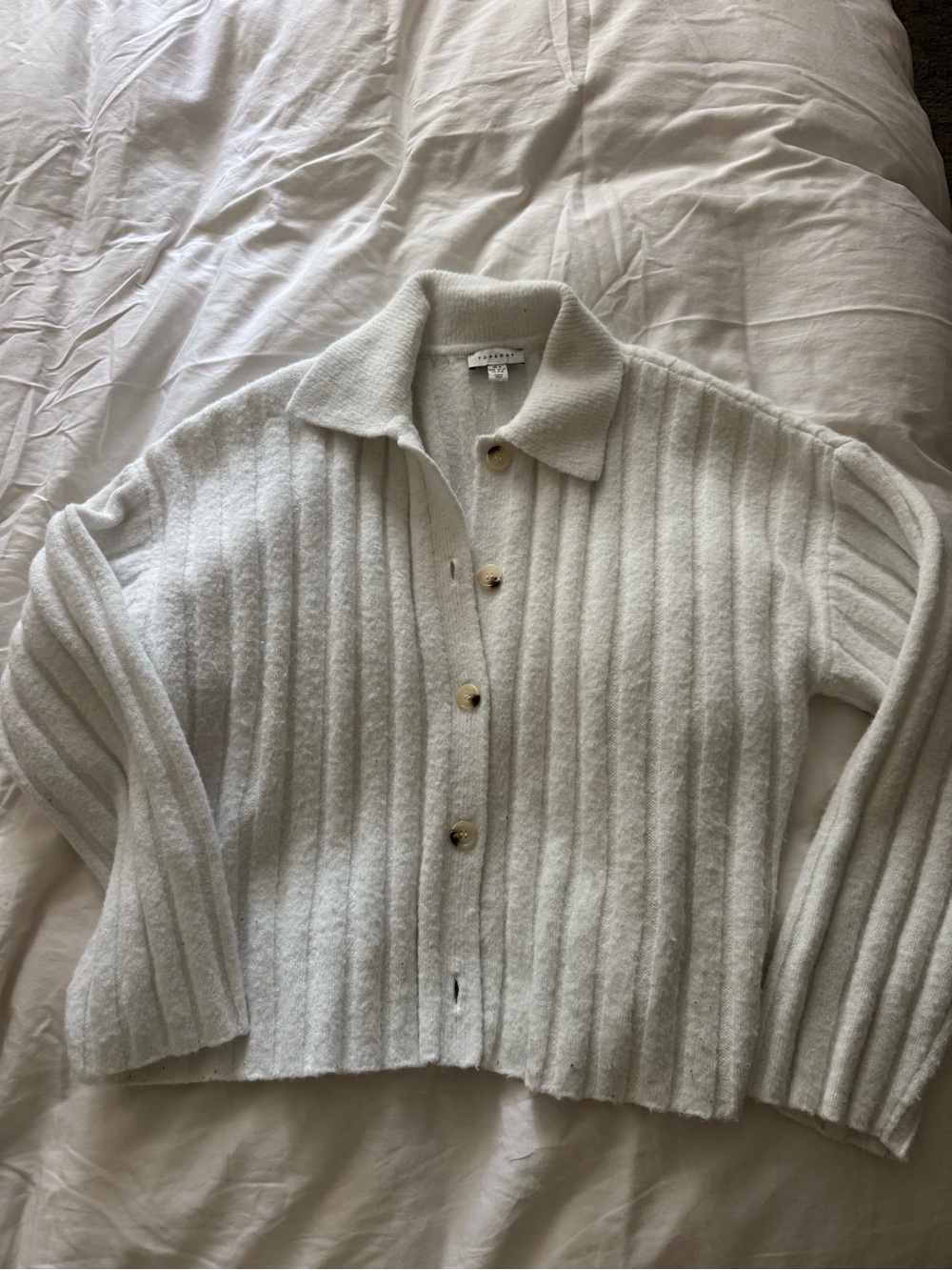 Topshop Ribbed Collared Button-Up Sweater - White